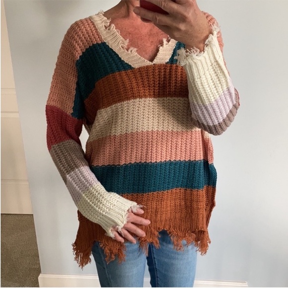 Oversized, Distressed Striped Sweater - Picture 8 of 9